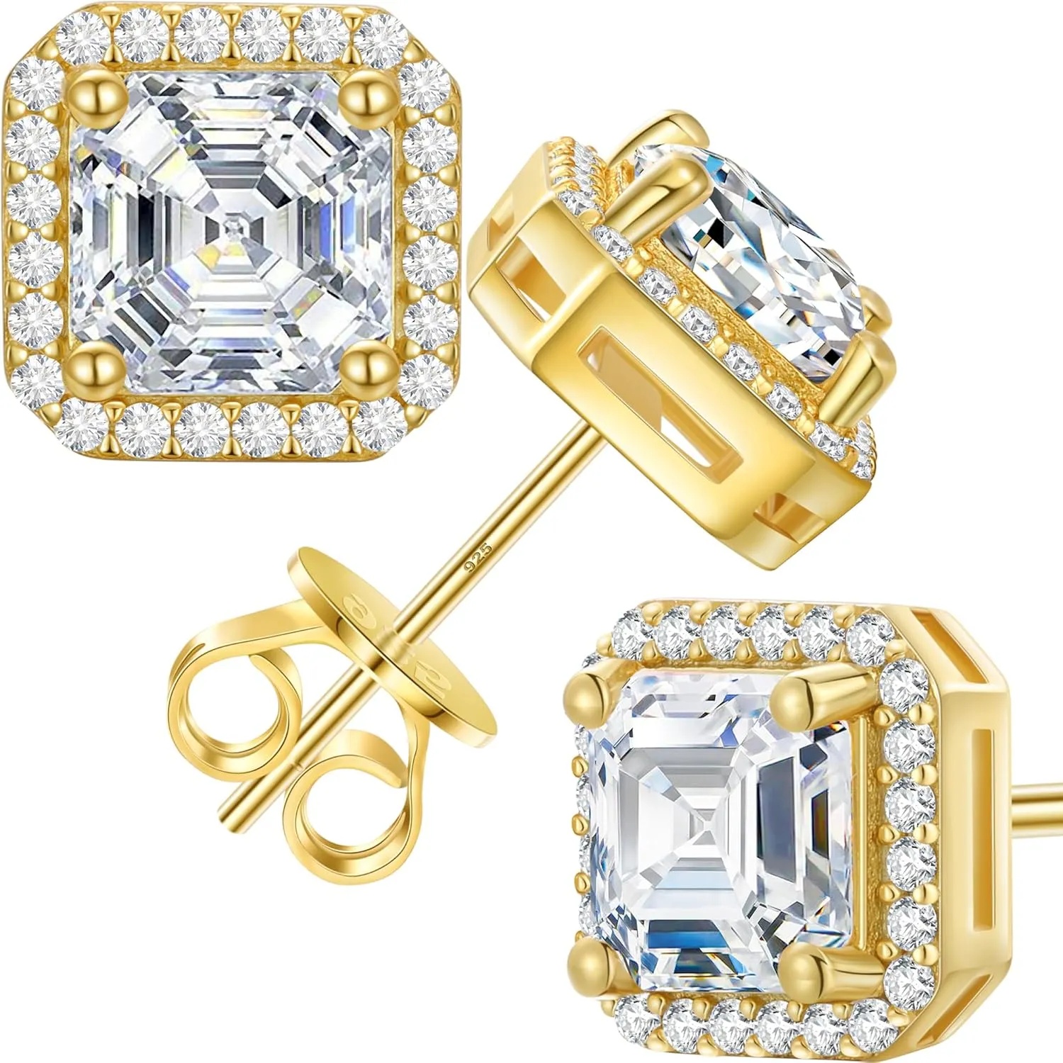 Gold Moissanite Earrings Asscher Stud 1 Carats Square Halo Moissanite Diamond Stud Earrings, D Color VVS1 Simulated Diamond 925 Sterling Silver Earrings For Women Men