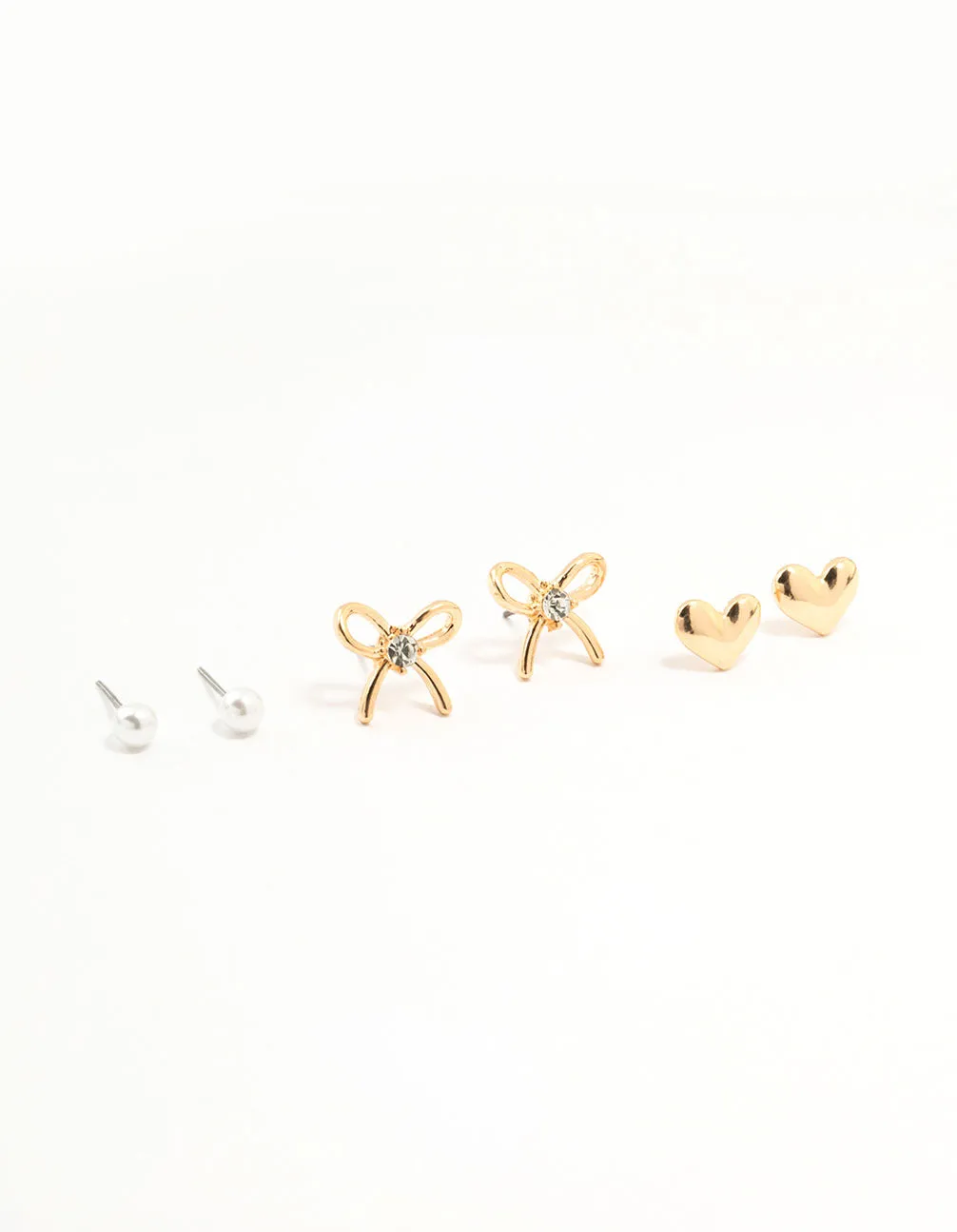 Gold Pearl Heart Bow Earrings 3-Pack