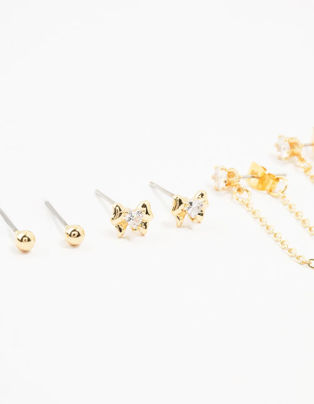 Gold Plated Heart Bow Chain Earrings 4-Pack