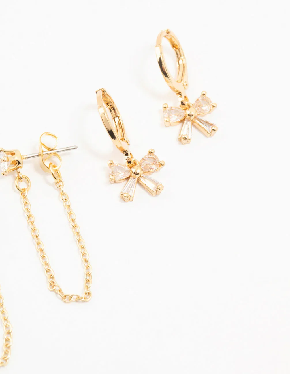 Gold Plated Heart Bow Chain Earrings 4-Pack