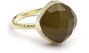 Gold Plated Olive Green Cats Eye Adjustable Rings Gemstone Single Stone Handmade Cushion Shape Rings Jewelry