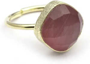 Gold Plated Pink Cats Eye Rings Cushion Shape Gemstone Handmade Single Stone Adjustable Rings Jewelry