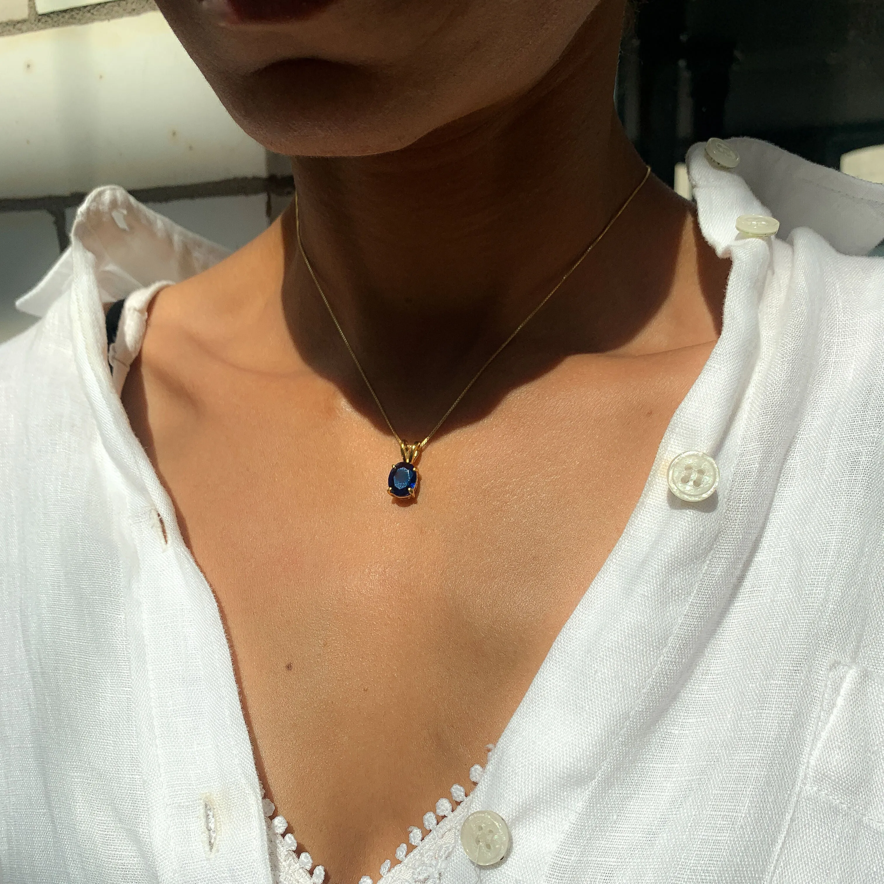 Gold Sapphire Pendant - Gold Oval Necklace - Royal Blue Pendant