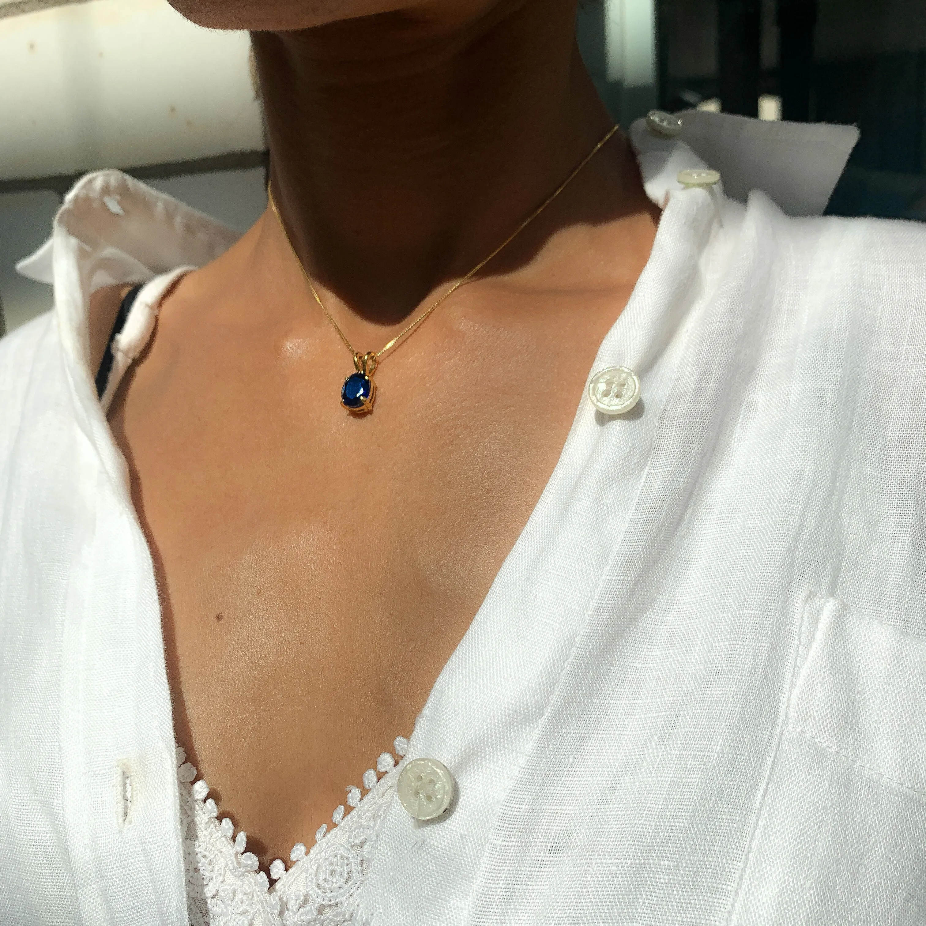 Gold Sapphire Pendant - Gold Oval Necklace - Royal Blue Pendant