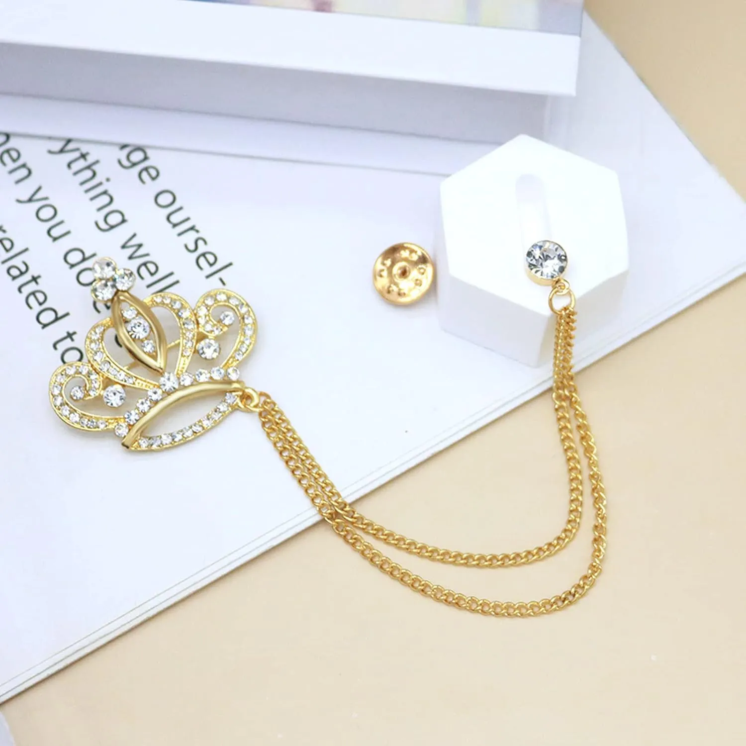 Gold Silver Plated Chain Rose Flower Violin Five-pointed Star Brooches Collar Pins Crystal With Hanging Chain Suit Shirt Lapel Brooch Pin Fashion Jewelry for Men Boy