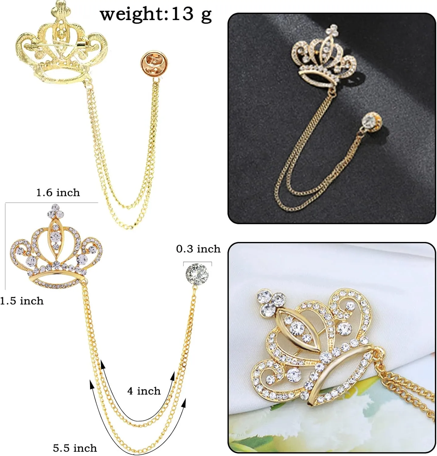 Gold Silver Plated Chain Rose Flower Violin Five-pointed Star Brooches Collar Pins Crystal With Hanging Chain Suit Shirt Lapel Brooch Pin Fashion Jewelry for Men Boy