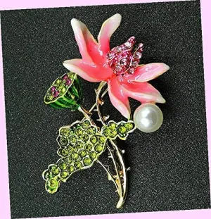 Gorgeous Orchid Hot Pink Lotus Flower Enamel Rhinestone Necklace Pendant Brooch Rhinestone Brooch Pin for Women