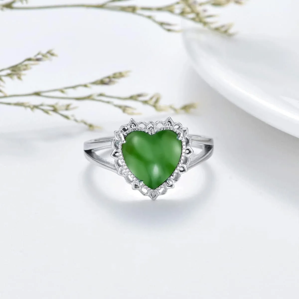 Green Jade Rings 925 Sterling Silver Natural Green Jade Gemstone Ring Jewelry Gifts for Women Wife Size 4 to 11