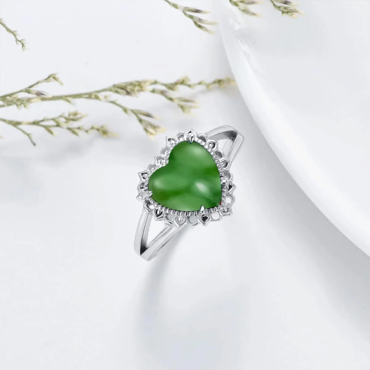 Green Jade Rings 925 Sterling Silver Natural Green Jade Gemstone Ring Jewelry Gifts for Women Wife Size 4 to 11
