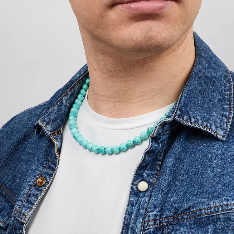 Handmade Men's Women's Beaded Necklace | 8mm Natural Blue Turquoise Beads Necklace