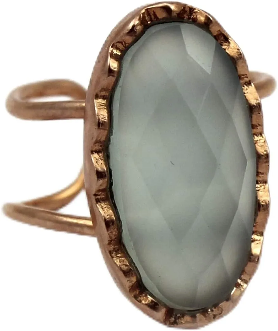 Handmade Oval Shape Aqua Chalcedony Single Stone Rings Rose Gold Plated Gemstone Adjustable Rings Jewelry