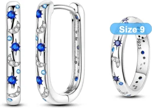 Hapour Celestial Jewelry Set, Moon Star Hoop Earrings & Ring Size 9 for Women & Teen