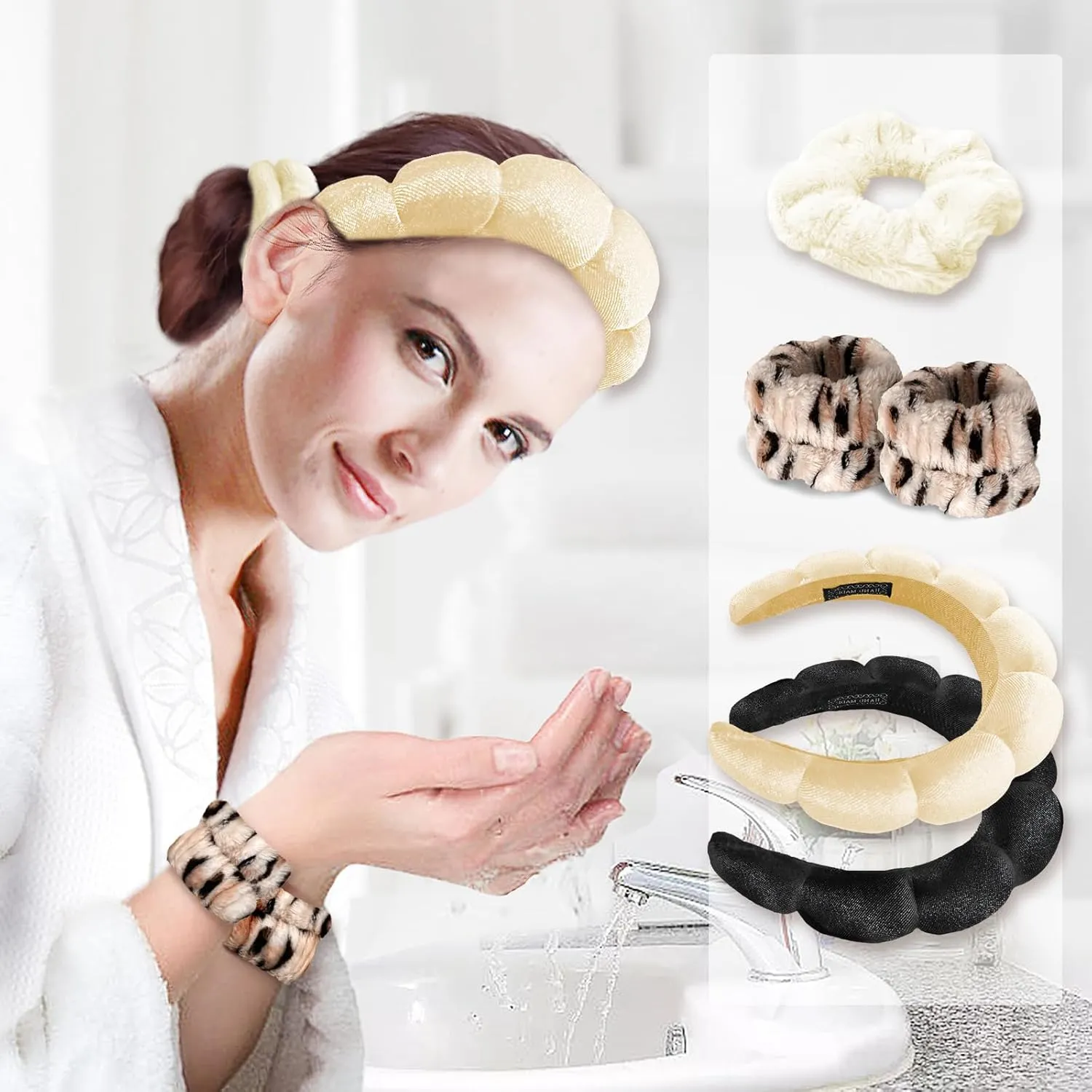 Headband and Wristband Set for Women - Makeup Scrunchies, Absorbent Spa Washband for Skincare, Face Washing, and Mask Routine (Black & Beige)
