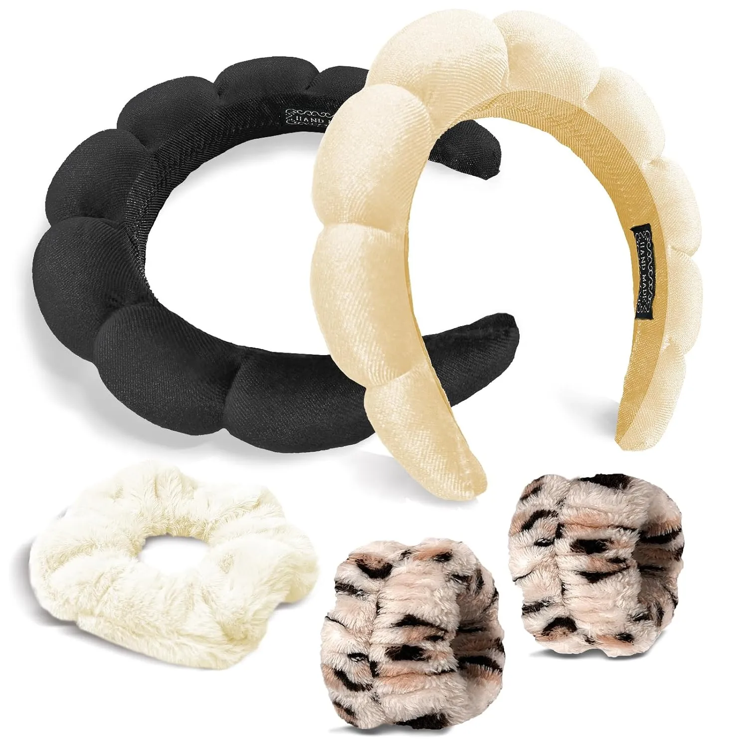 Headband and Wristband Set for Women - Makeup Scrunchies, Absorbent Spa Washband for Skincare, Face Washing, and Mask Routine (Black & Beige)