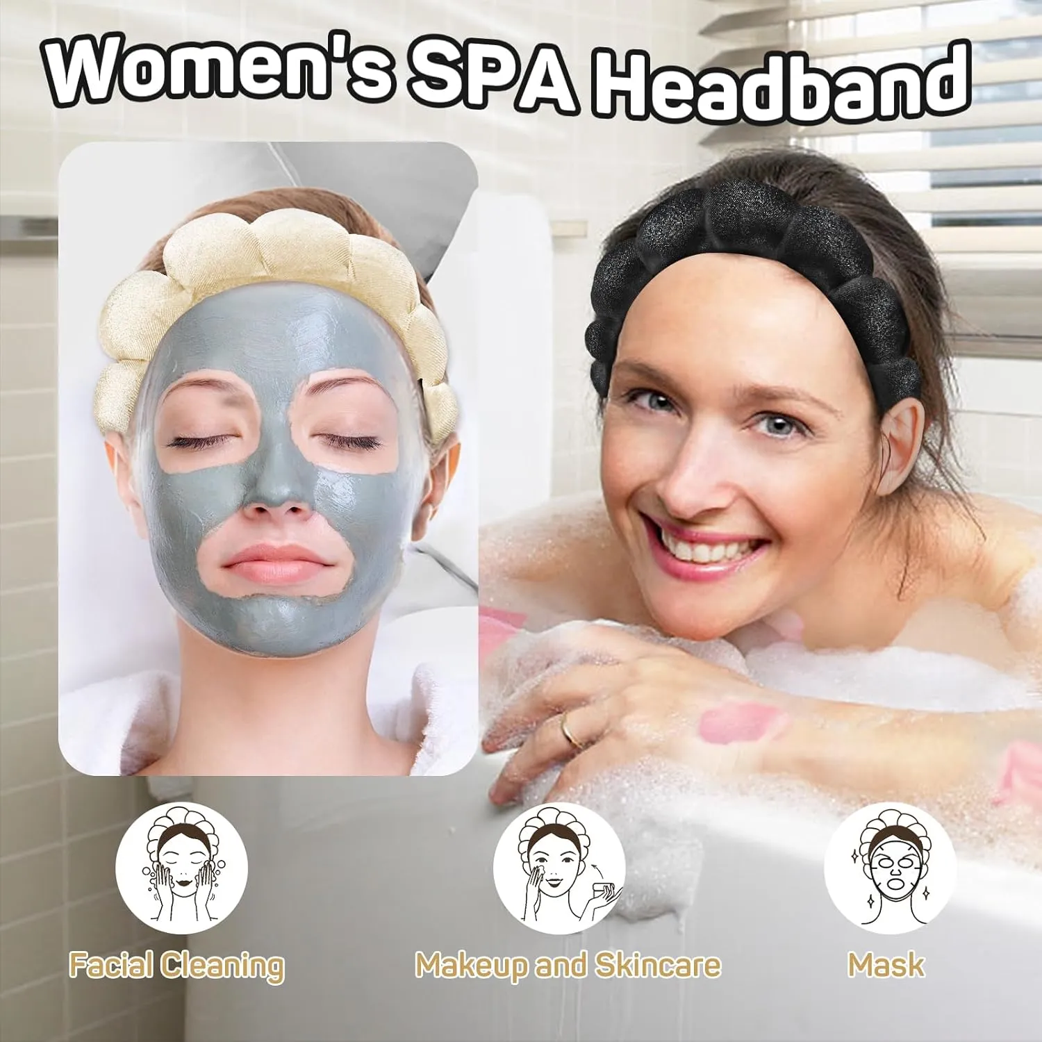 Headband and Wristband Set for Women - Makeup Scrunchies, Absorbent Spa Washband for Skincare, Face Washing, and Mask Routine (Black & Beige)