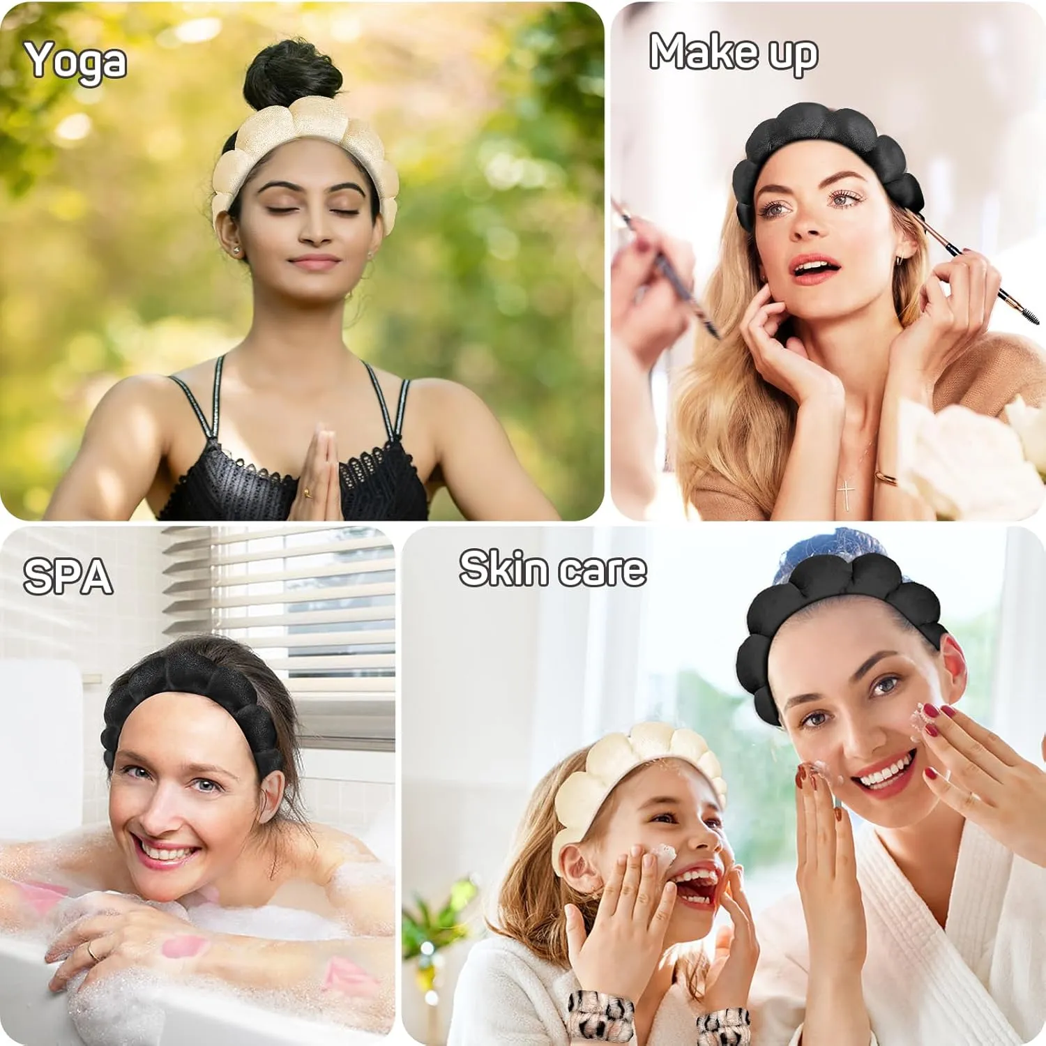 Headband and Wristband Set for Women - Makeup Scrunchies, Absorbent Spa Washband for Skincare, Face Washing, and Mask Routine (Black & Beige)