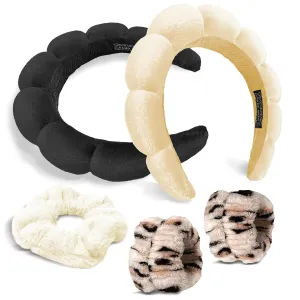 Headband and Wristband Set for Women - Makeup Scrunchies, Absorbent Spa Washband for Skincare, Face Washing, and Mask Routine (Black & Beige)