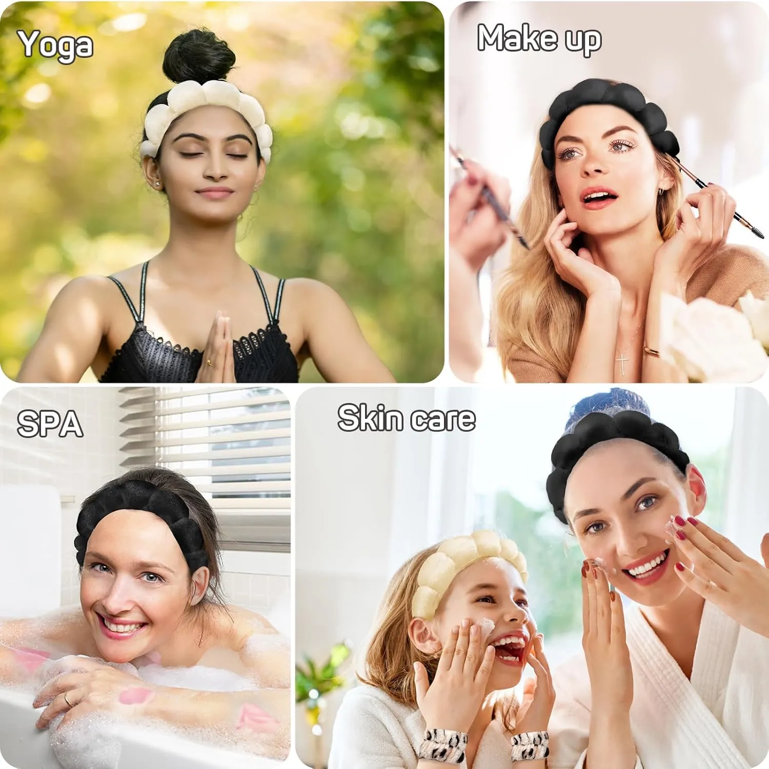 Headband and Wristband Set for Women - Makeup Scrunchies, Absorbent Spa Washband for Skincare, Face Washing, and Mask Routine (Black & Beige)