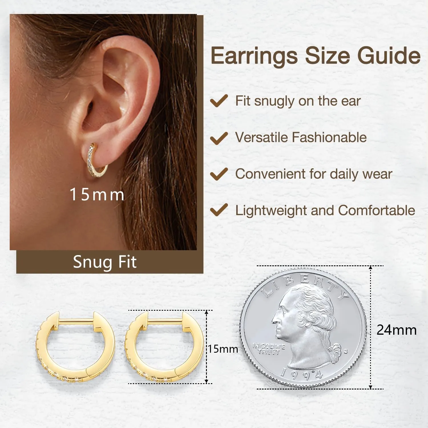Jewlpire Hypoallergenic 14K Real Gold Plated Over 925 Sterling Silver Huggie Earrings for Women, Small Hoop Earrings Cubic Zirconia Cartilage Hoop Earrings Cuffs for Women