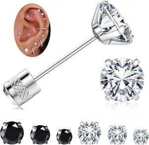Jstyle Threadless Flat Back Earrings,Hypoallergenic Surgical Steel Earrings for Sensitive Ears, Cubic Zirconia Silver Stud Earrings Set for Cartilage