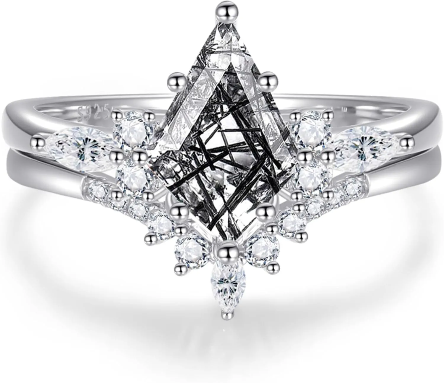 Kite Cut Black Engagement Ring Set Rutilated Quartz 925 Sterling Silver Wedding Rings for Women Size 8