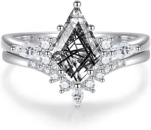 Kite Cut Black Engagement Ring Set Rutilated Quartz 925 Sterling Silver Wedding Rings for Women Size 8