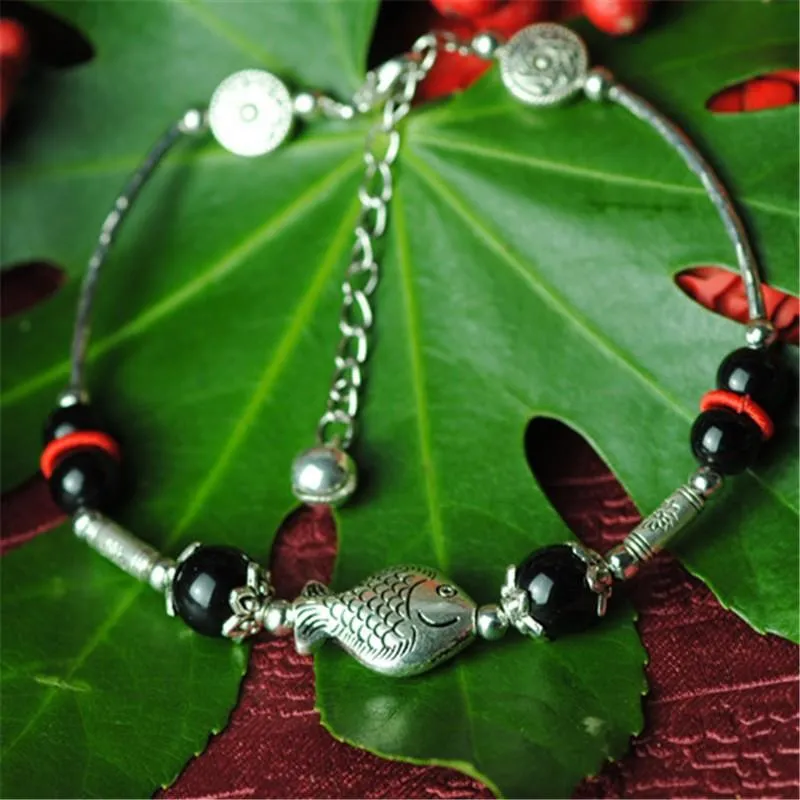 Ladies Fish Shape Anklets/Tibetan Silver Retro Foot Chain in Velvet Pouch