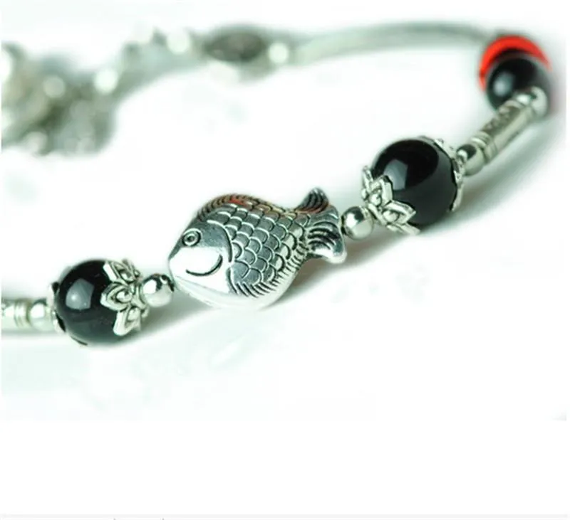 Ladies Fish Shape Anklets/Tibetan Silver Retro Foot Chain in Velvet Pouch