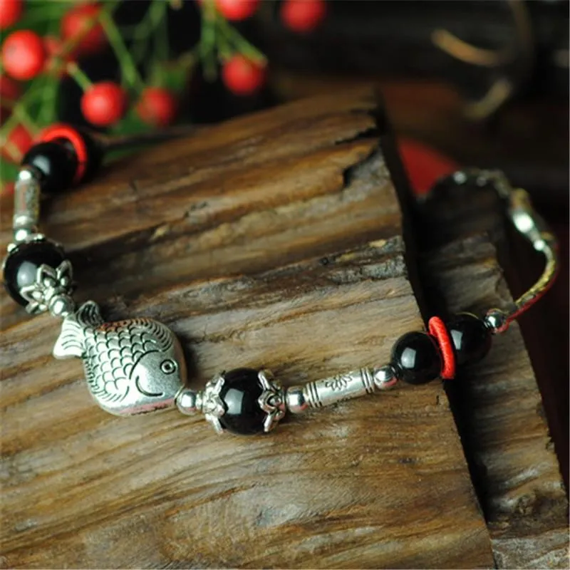 Ladies Fish Shape Anklets/Tibetan Silver Retro Foot Chain in Velvet Pouch