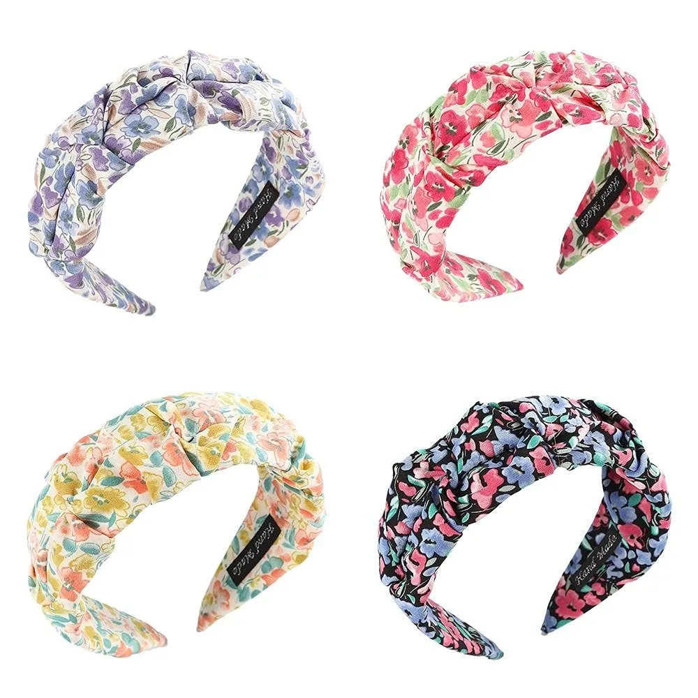Ladies Headbands 4 Pcs Print Headband Pleated Wide Bezel Turban Scrunchies For Women Elastic Hairbands Girls Hair Accessories Hair Hoop