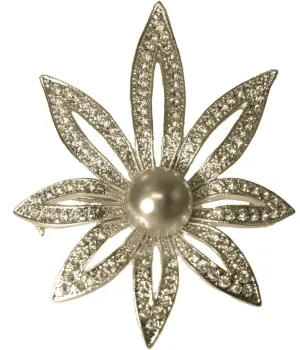 Large Fall Leaf Silver Tone Rhinestone Pin Brooch Grey Faux Pearl 2 3/4" Fashion Brooch for Women Trendy Accessories for Women Stylish Additions