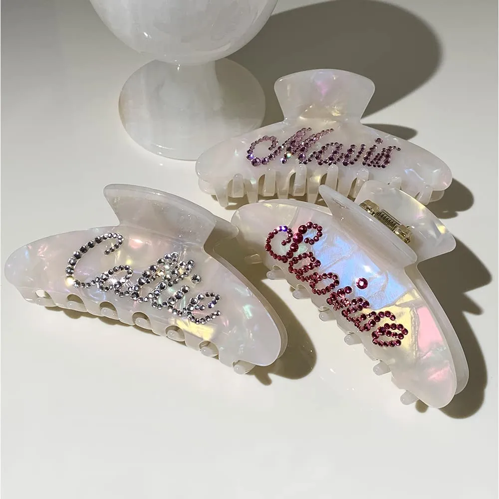 Large Hair Claw Clips for Woman, Custom Name Banana Clips, Personalized Rhinestone Letter Claws Strong Hold Jaw Clip, Hair Clamps for Thin Thick Hair, Birthday Day Gifts for Women 4'' (Shell White)