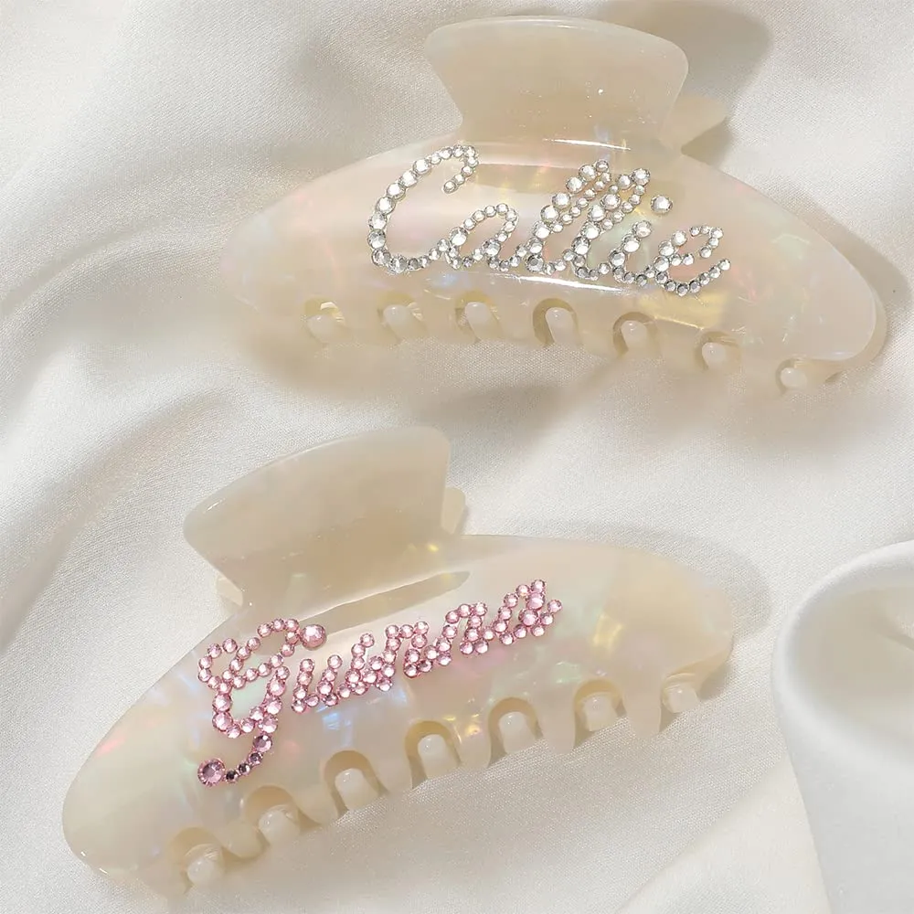 Large Hair Claw Clips for Woman, Custom Name Banana Clips, Personalized Rhinestone Letter Claws Strong Hold Jaw Clip, Hair Clamps for Thin Thick Hair, Birthday Day Gifts for Women 4'' (Shell White)