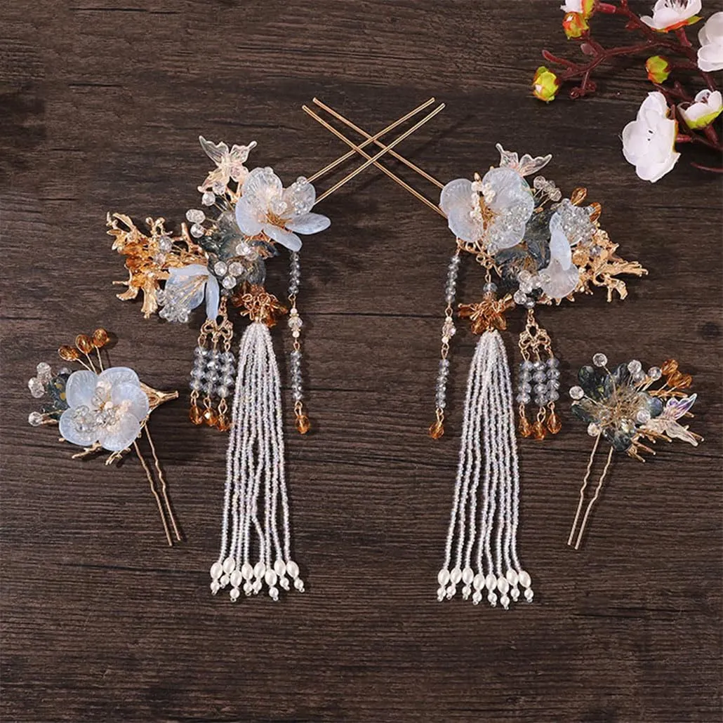 Luxury Hairclip Flower Hairpin Pearls Long Tassel Hair Sticks Vintage Chinese Hair Accessories Sets