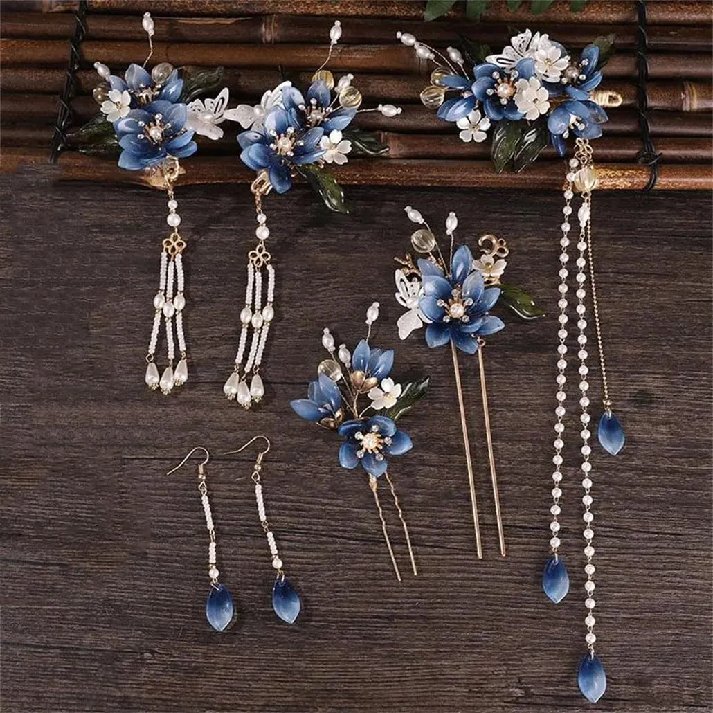 Luxury Hairclip Flower Hairpin Pearls Long Tassel Hair Sticks Vintage Chinese Hair Accessories Sets