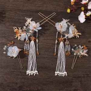 Luxury Hairclip Flower Hairpin Pearls Long Tassel Hair Sticks Vintage Chinese Hair Accessories Sets