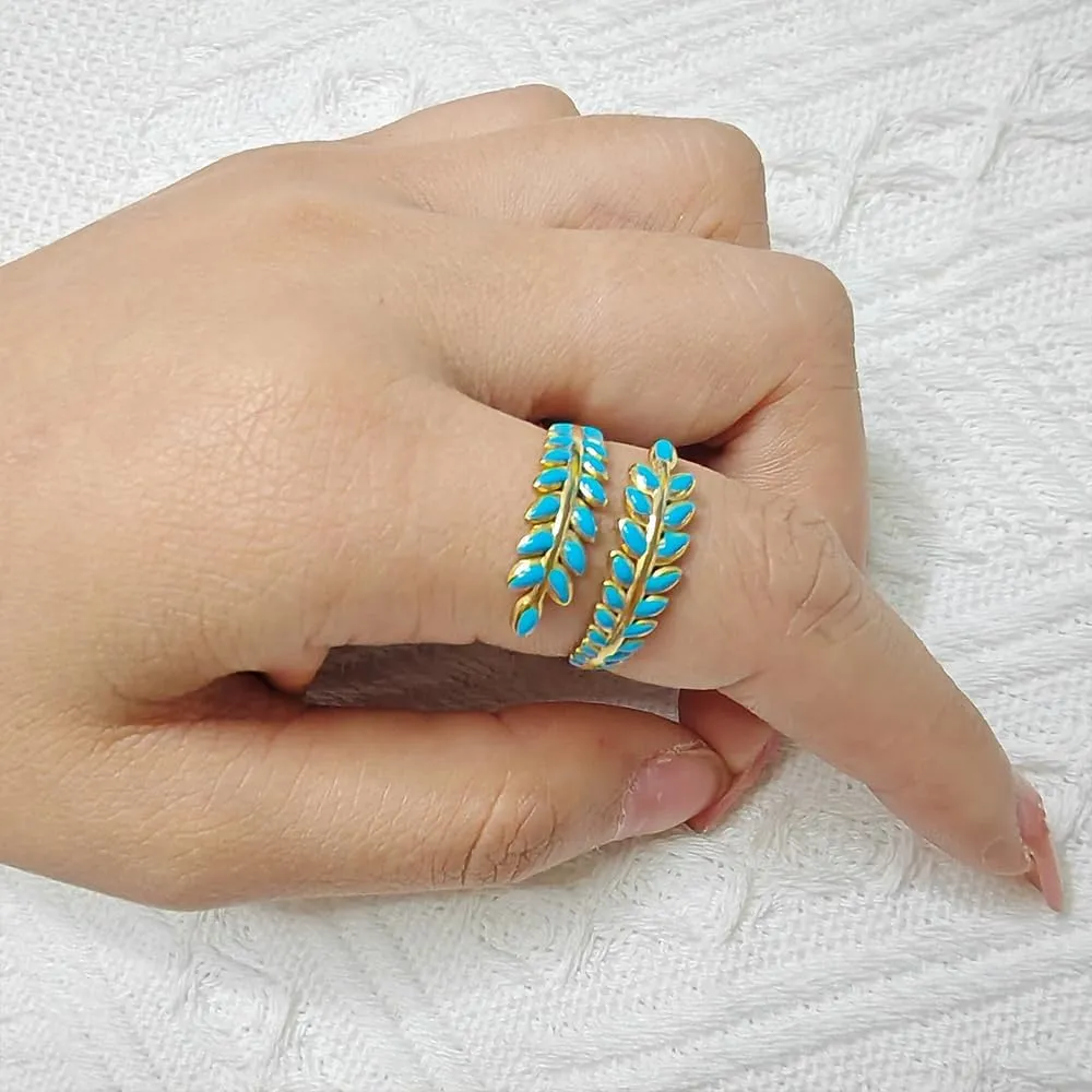 MIFYNN 14K Gold Plated Adjustable Open Ring Dainty Cute Leaf Thumb Non Tarnish Gold Stackable Rings Vintage Unique Boho Western Turquoise Hypoallergenic Jewelry Gift