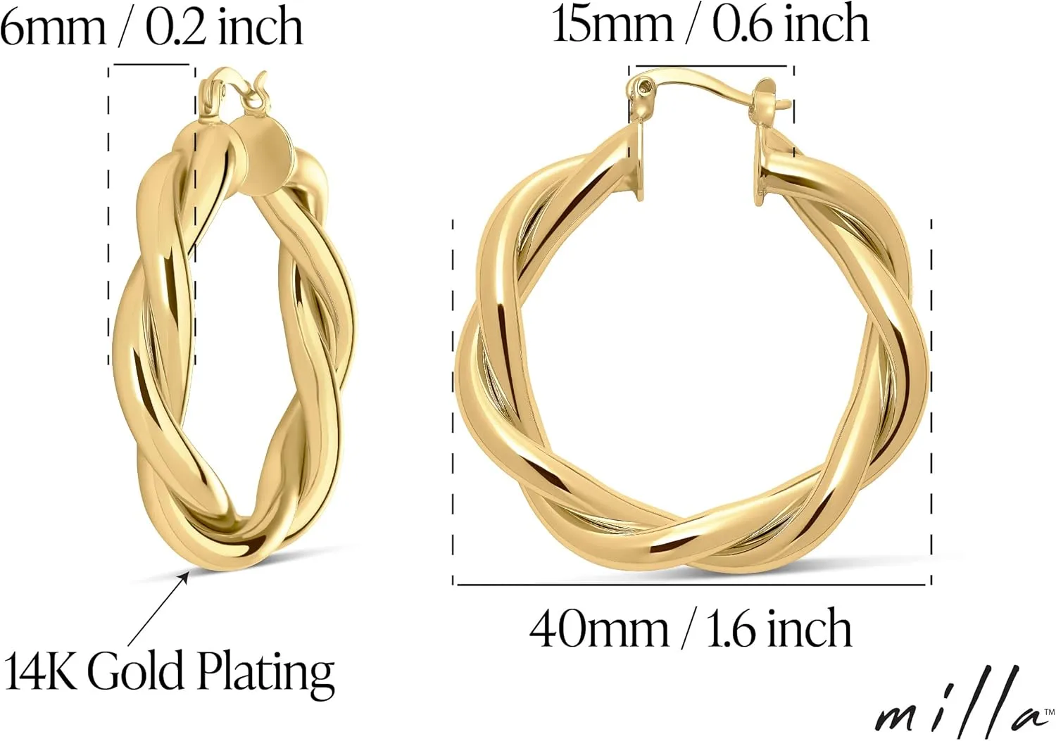 MILLA Twist Earrings - Gold Twisted Hoop Earrings & Thick Silver Hoop Earrings for Women - Big Chunky Gold Statement Earrings