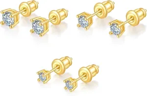 MINDDHA 3 Pairs Cubic Zirconia Stud Earrings with Flat Back, Gold Plated Helix Cartilage Tragus Earrings, Hypoallergenic Sterling Silver Post, Dainty Jewelry for Women & Men Gift (3/4/5mm CZ, Gold/White Gold)