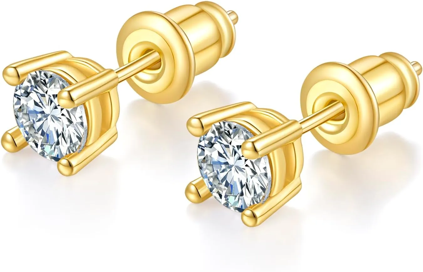 MINDDHA 3 Pairs Cubic Zirconia Stud Earrings with Flat Back, Gold Plated Helix Cartilage Tragus Earrings, Hypoallergenic Sterling Silver Post, Dainty Jewelry for Women & Men Gift (3/4/5mm CZ, Gold/White Gold)