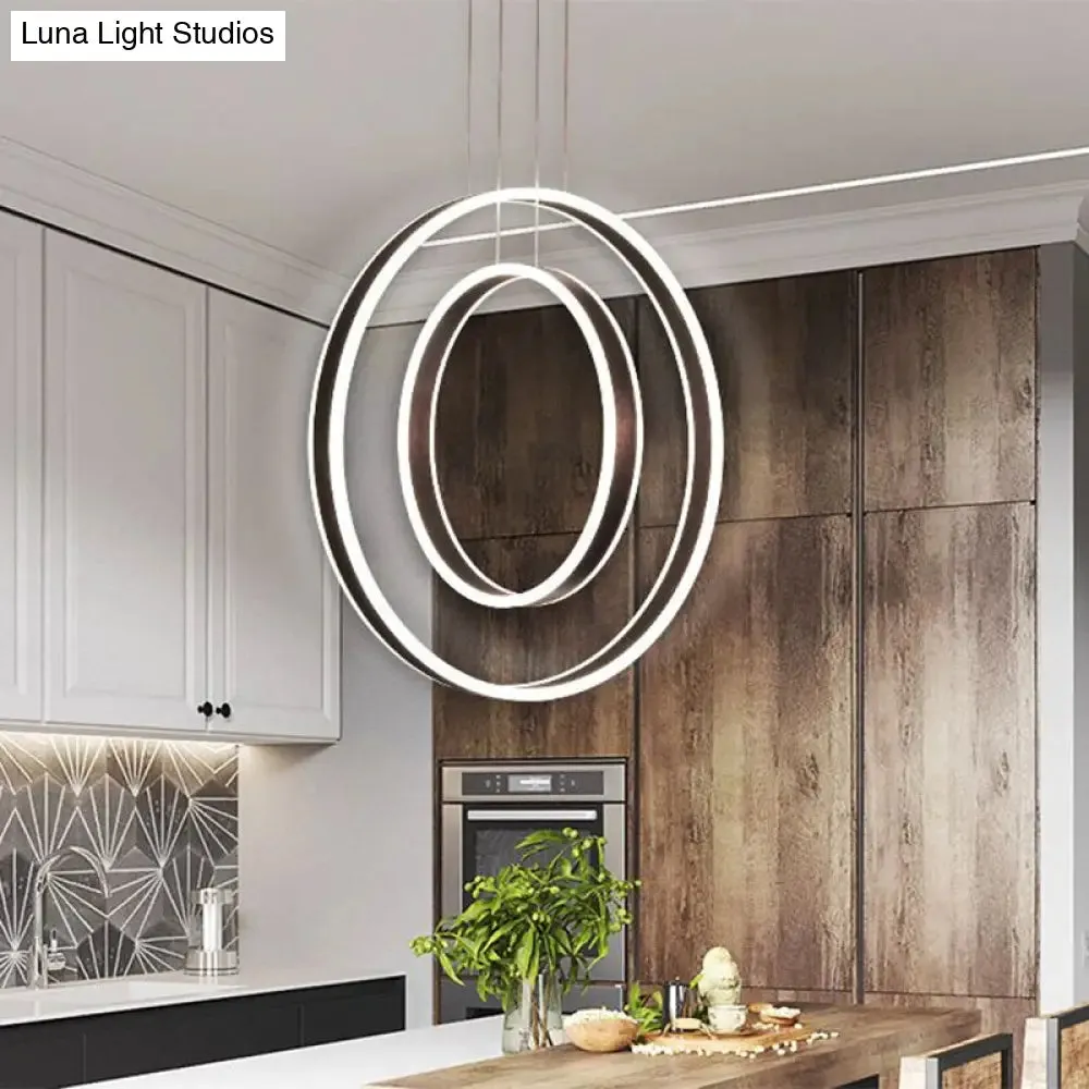 Minimalist LED Dual Hoop Pendant Light with Warm/White Down Lighting - Dark Coffee Aluminum
