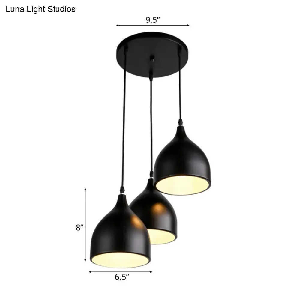 Modern 3-Light Bell Pendant in Black/White Metal with Round/Linear Canopy