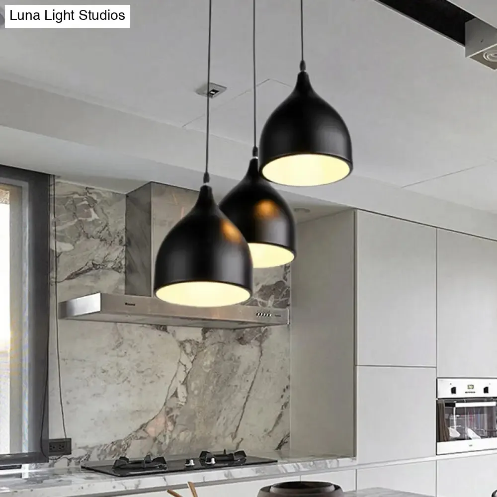 Modern 3-Light Bell Pendant in Black/White Metal with Round/Linear Canopy