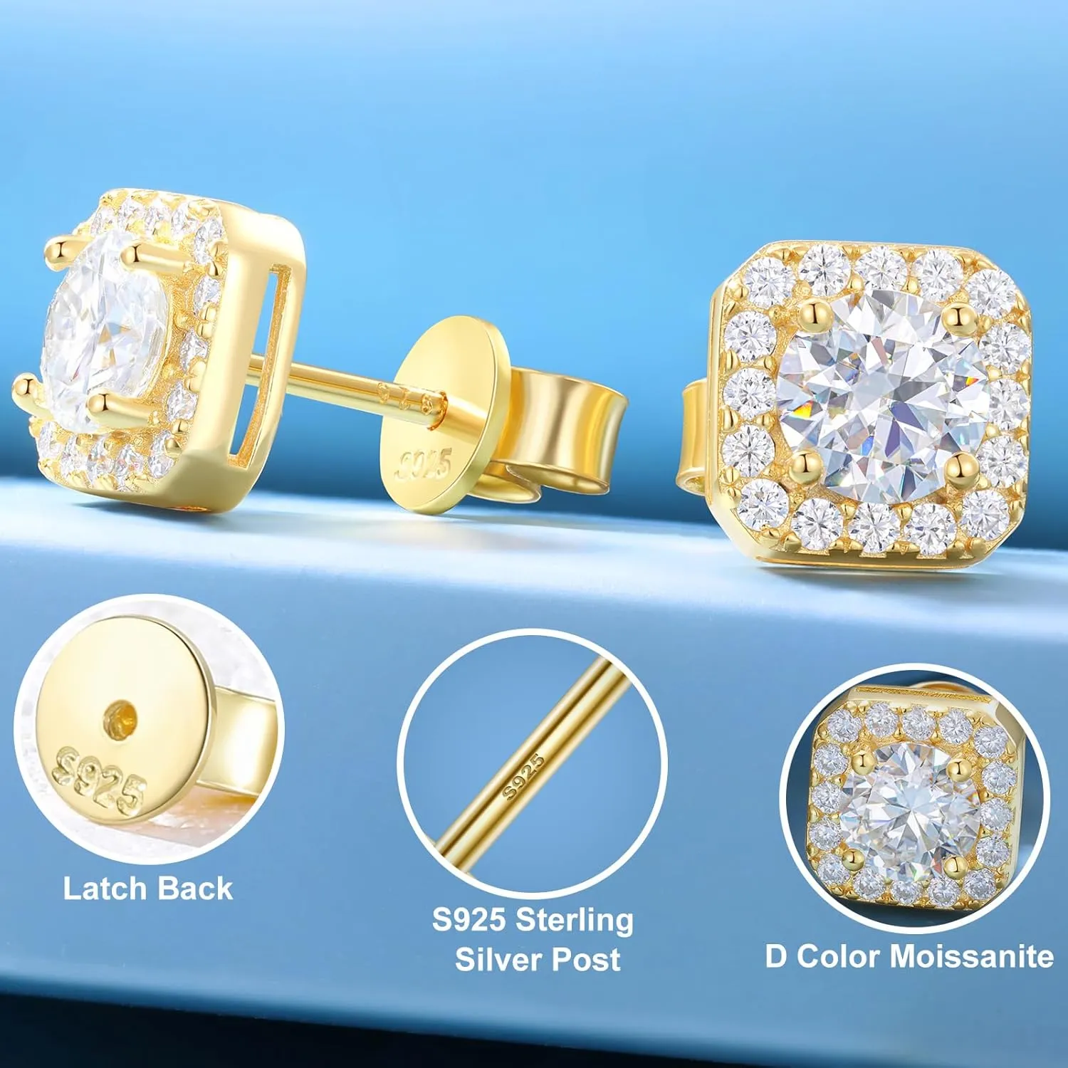 Moissanite Halo Earrings Square 18k Gold Plated 0.56-2.4CT 6-10mm D Color VVS1 Clarity Moissanite Stud Earrings For Women Men Square Stud Earrings 925 Sterling Silver Hypoallergenic Earrings