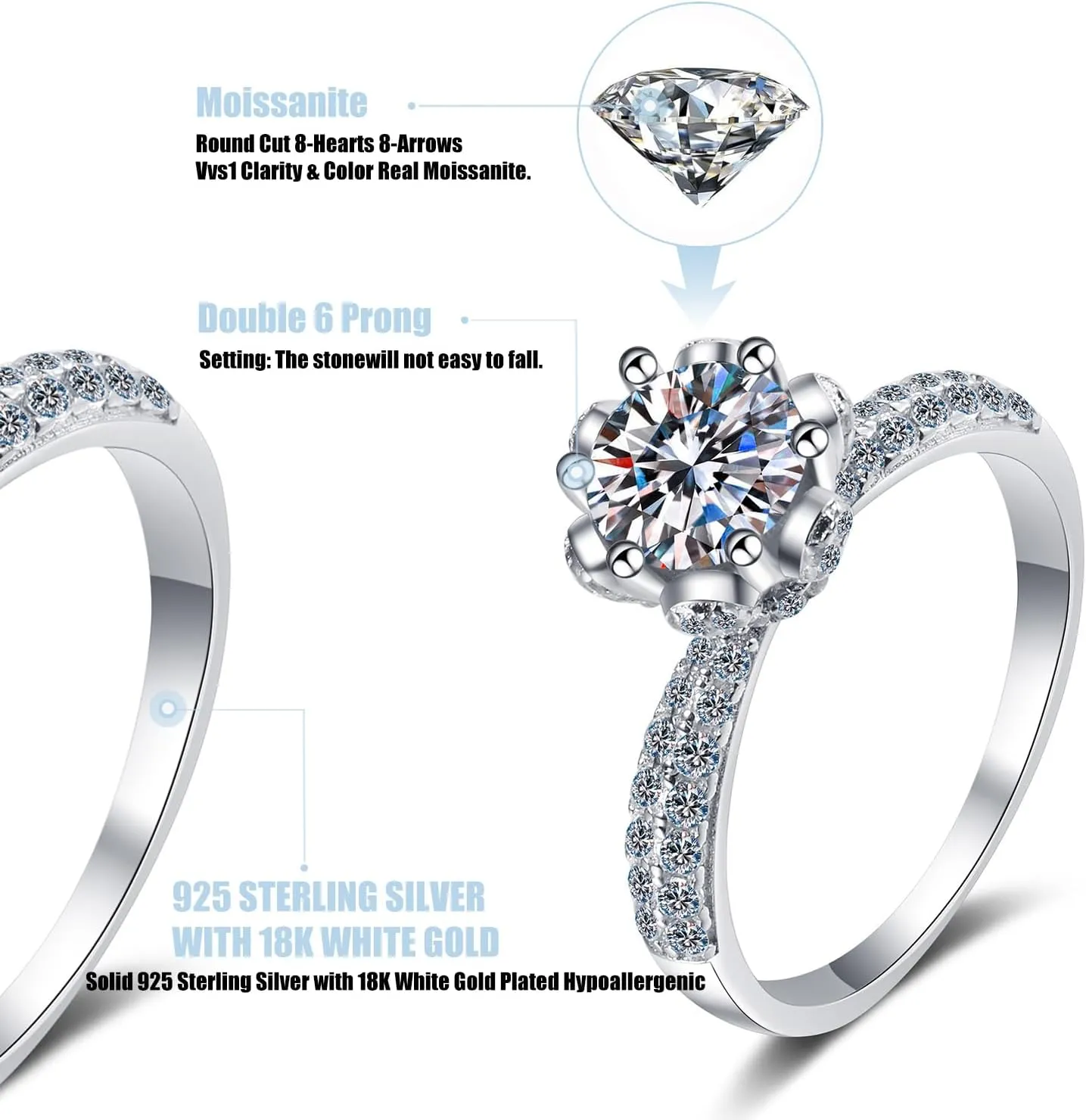 Moissanite Rings for Women, 1CT/2CT/3CT/2CT S925 Sterling Silver Engagement Rings, D Color VVS1 Clarity Wedding Band, Promise Rings