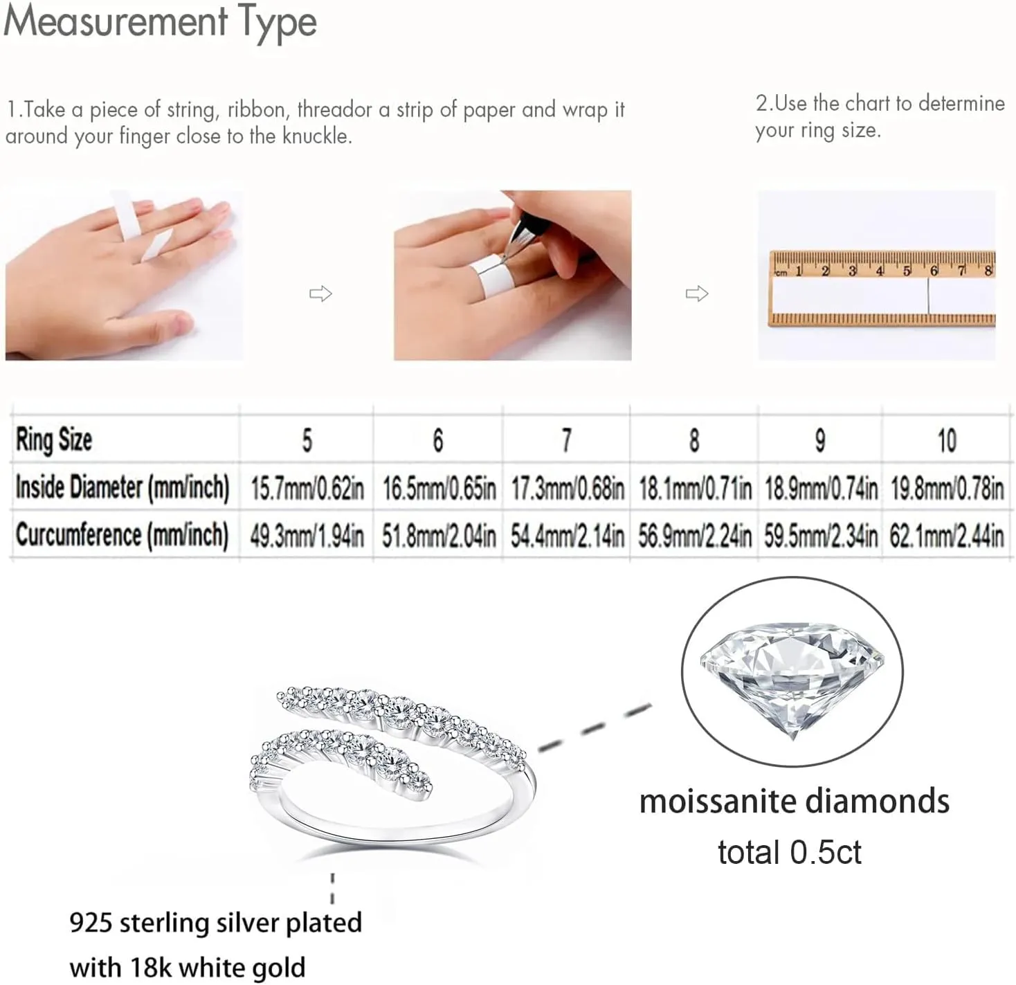 Moissanite Rings, Sterling Silver Ring White Gold Plated Half Eternity Wedding Bands for Women Her Size 5-10
