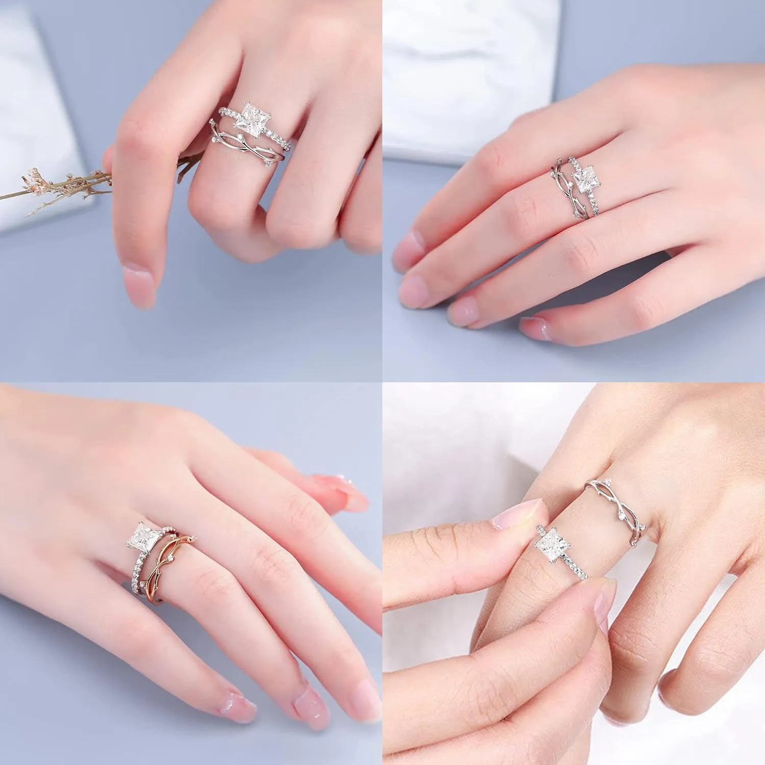 MOOSEA Princess Moissanite Rings for Women, 1.5ct Lab Created Diamond Rings 14K White Gold Vermeil Engagement Rings