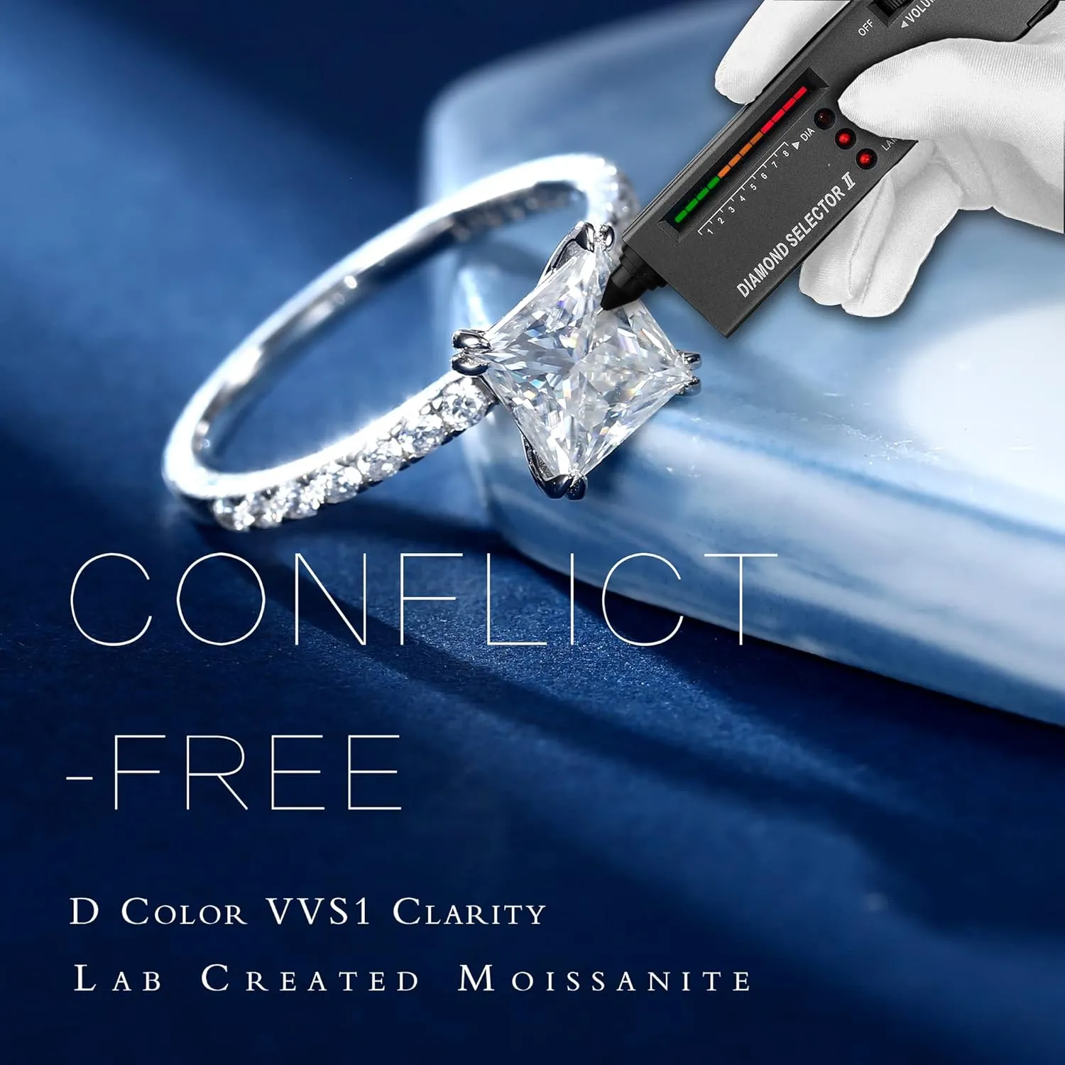MOOSEA Princess Moissanite Rings for Women, 1.5ct Lab Created Diamond Rings 14K White Gold Vermeil Engagement Rings