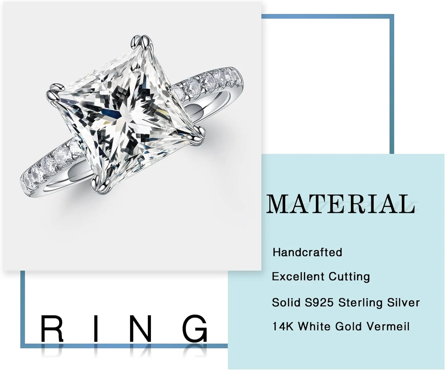 MOOSEA Princess Moissanite Rings for Women, 1.5ct Lab Created Diamond Rings 14K White Gold Vermeil Engagement Rings