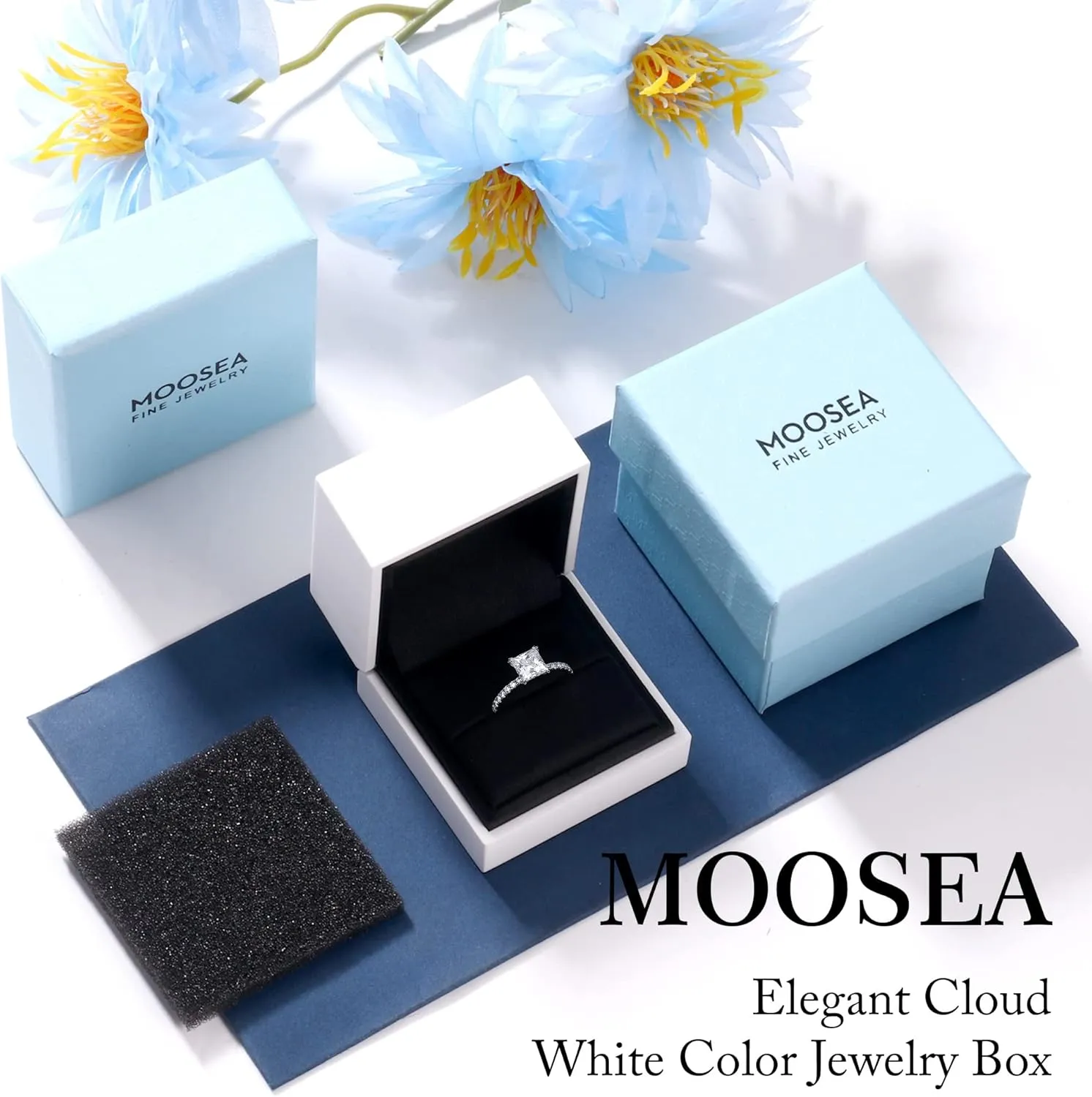 MOOSEA Princess Moissanite Rings for Women, 1.5ct Lab Created Diamond Rings 14K White Gold Vermeil Engagement Rings